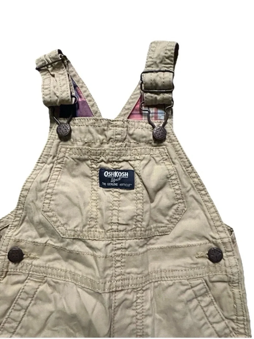 Toddler Boy Oshkosh B’gosh Khaki Overalls Plaid Cuffs Size 12-18 Months